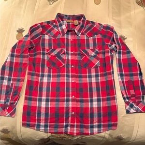 Men's Wrangler Red and Blue Plaid snap button long sleeve Shirt Sz. Large
